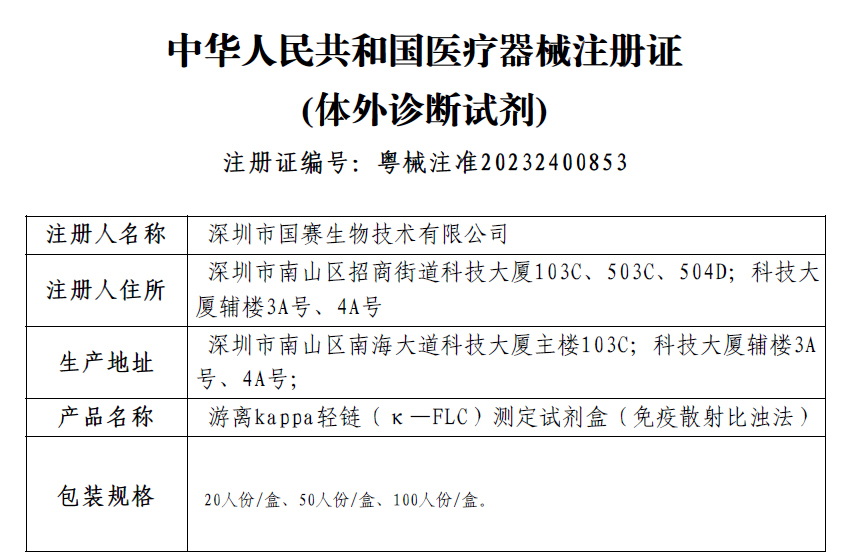 喜訊！國賽生物游離輕鏈測定試劑盒獲證！